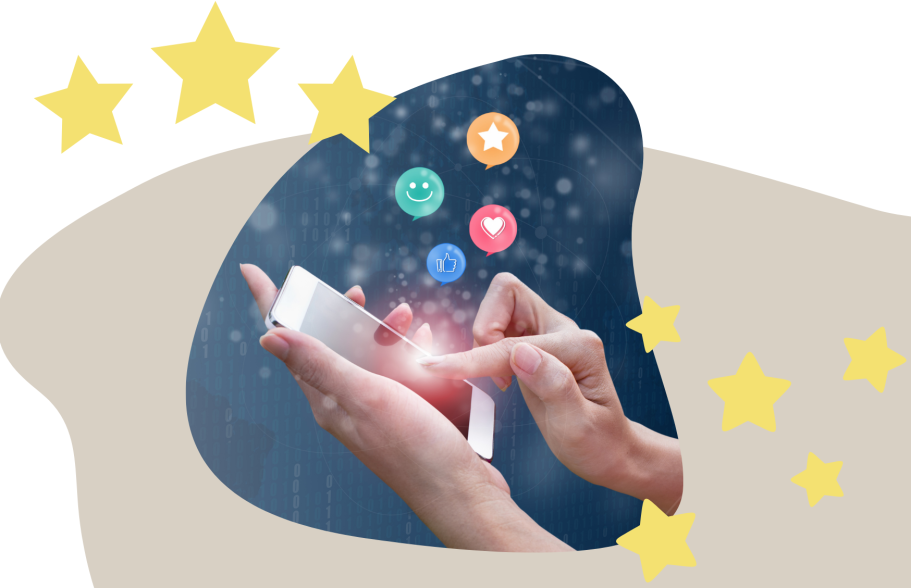 Hände halten ein Smartphone mit schwebenden sozialen Medien-Symbolen. Mit vielen Sternen wie bei Google