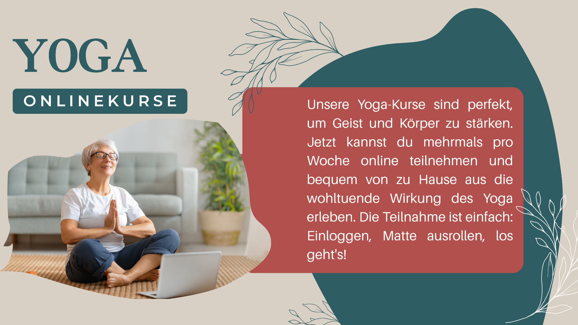 Yoga-Ankündigung mit einer Person, die in entspannter Pose sitzt und meditiert.