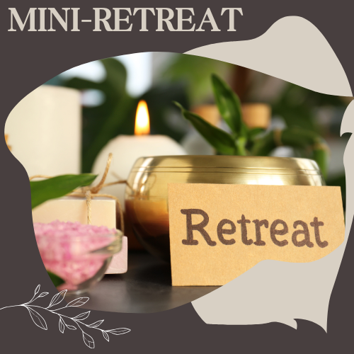 Eine Kerze und Pflanzen neben einem Schild mit der Aufschrift "Retreat".