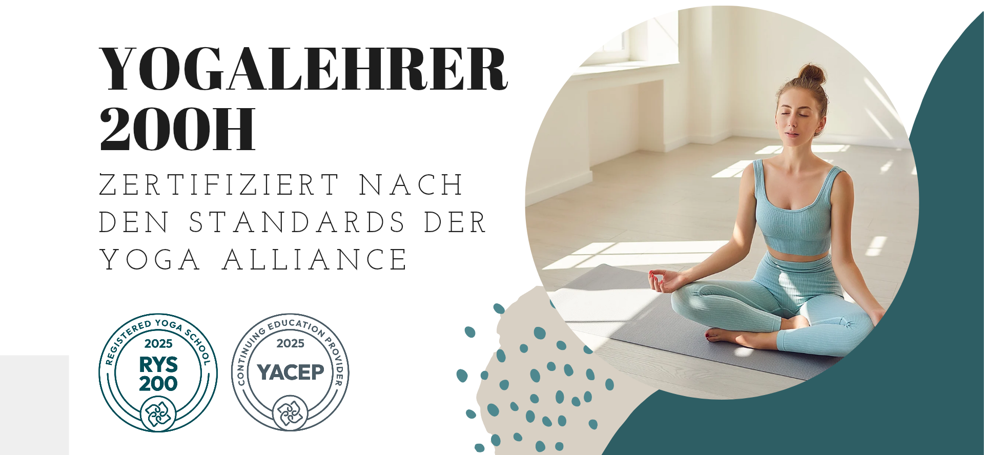 Frau macht Yoga-Übung am Wasser, entspannte Atmosphäre, mit Info-Box im Vordergrund.