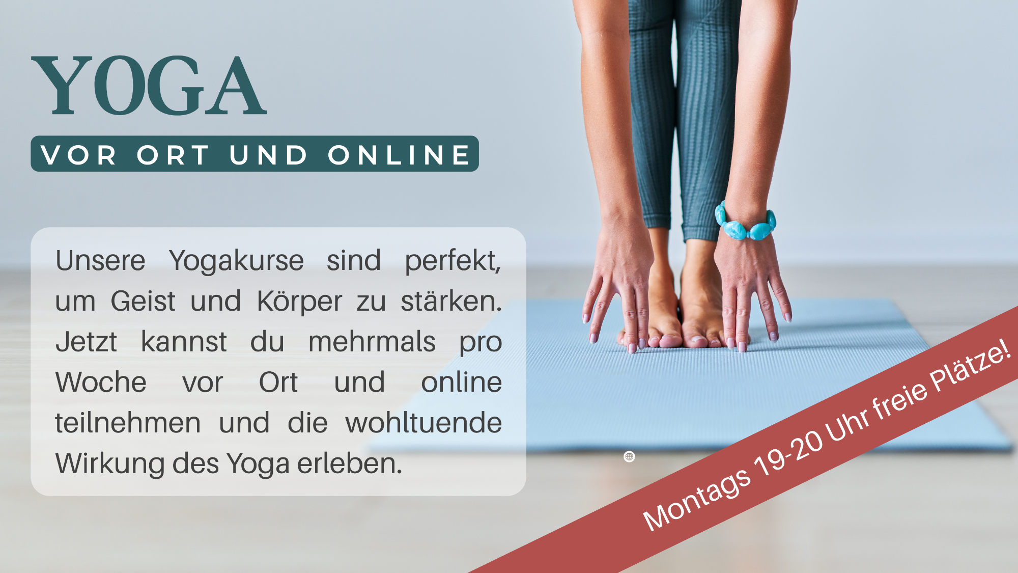 Yogakurse Yoga-Übung zur Stärkung von Geist und Körper, mit Hinweis auf Online-Kurse.