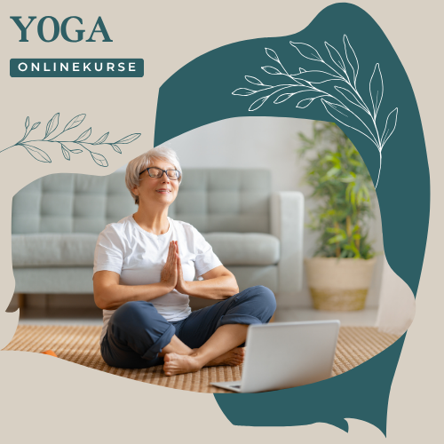 Frau im Schneidersitz nimmt im Wohnzimmer am Online Yoga Kurs teil mit ihrem Laptop