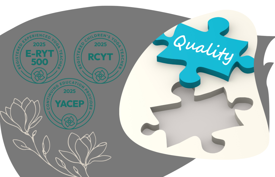 Puzzlestück mit der Aufschrift "Quality" und drei Zertifikatslogos von Yoga Alliance