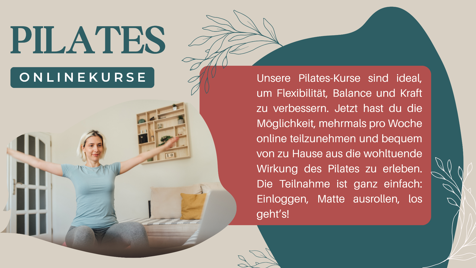 Eine Person macht Pilates-Übungen in einem hellen Raum mit Pflanzen und einer Trainingswand.