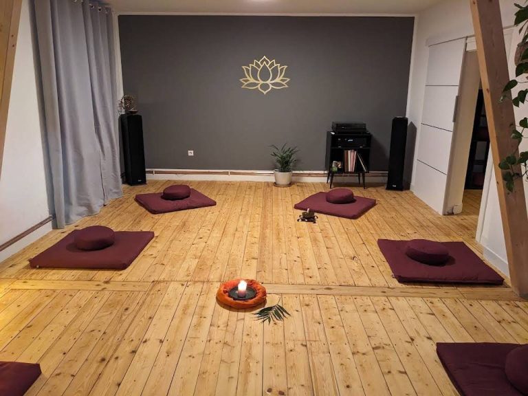 Gruppensitzung im Freien mit Personen in Yoga-Posen auf Matten.