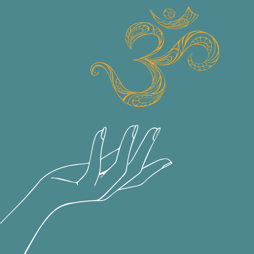 Helle Hand auf blauem Hintergrund mit goldener Om-Symbolik darüber. Symbolisiert etwas zu teilen oder weiter zu geben