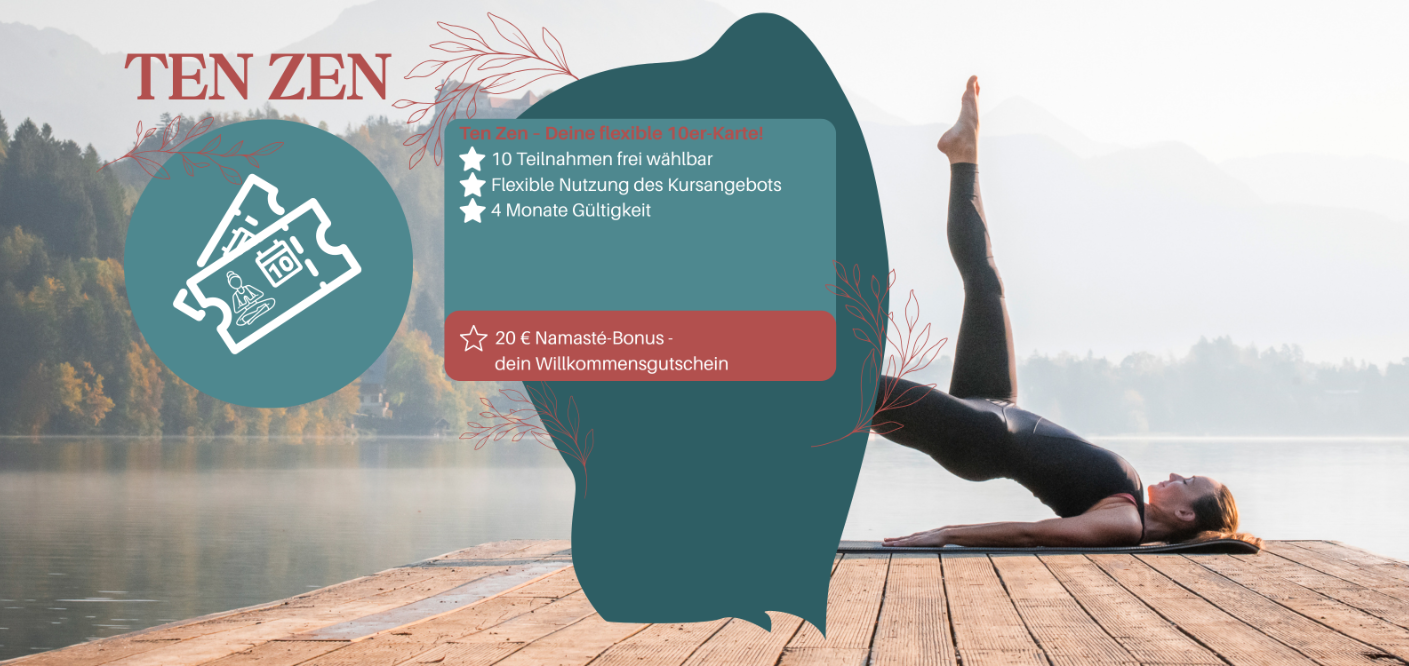 Frau macht Yoga-Übung am Wasser, entspannte Atmosphäre, mit Info-Box im Vordergrund.