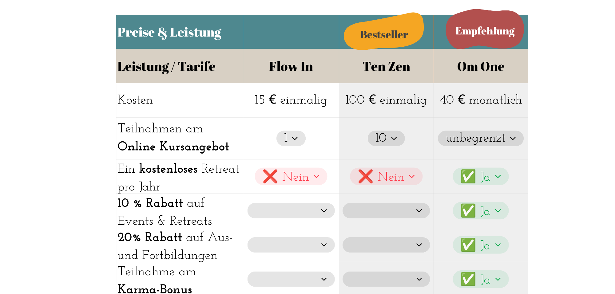 Tabelle mit Vergleich von Dienstleistungsangeboten und deren Verfügbarkeit.